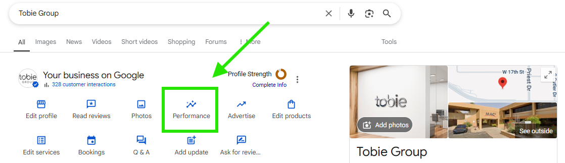 Google Business Profile management panel for Tobie Group, with a green arrow pointing to the 'Performance' option used to view customer interaction metrics.