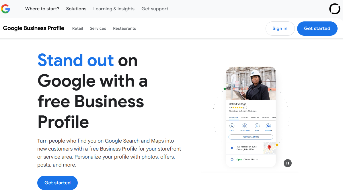 Google Business Profile webpage promoting free business listings on Google Search and Maps. The page encourages businesses to create a profile to attract new customers, featuring a 'Get started' button and a sample mobile business listing.