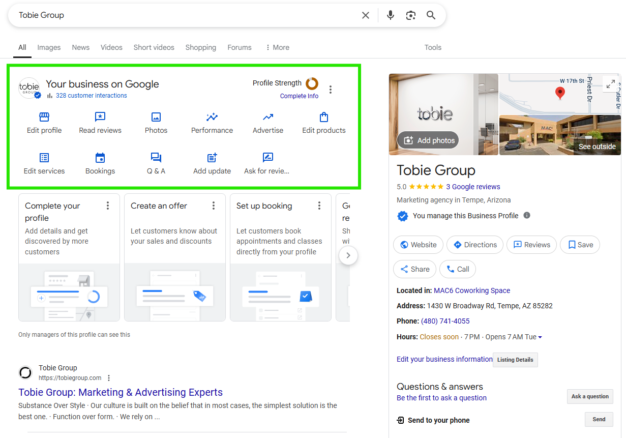 Google search results page for Tobie Group showing the Business Profile management panel. The panel highlights options such as editing the profile, reading reviews, adding photos, checking performance, advertising, and editing services and products.