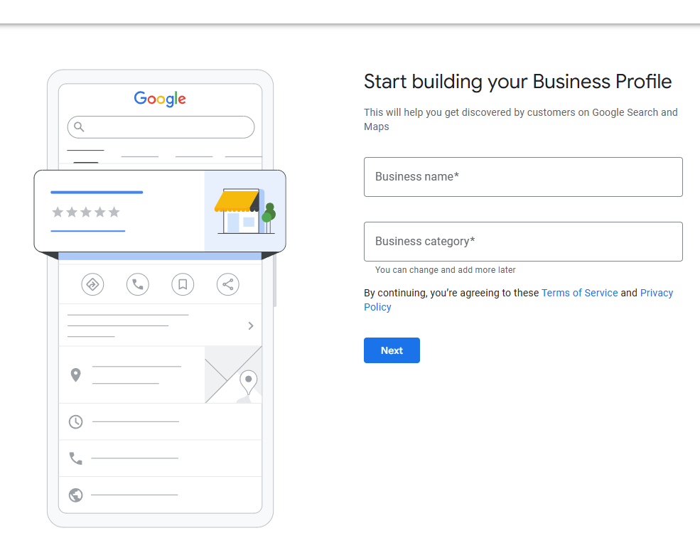 Google Business Profile setup page showing a form to enter a business name and category. A sample mobile view of a business listing with a star rating and store icon is displayed on the left.