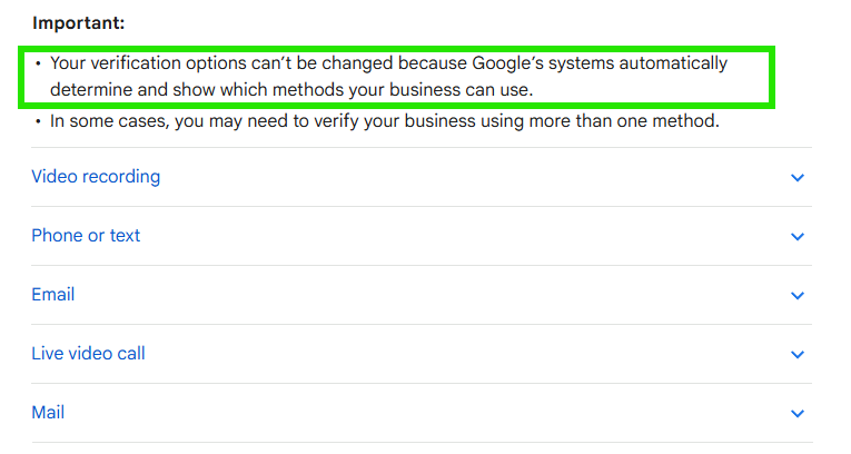 Google Business Profile verification instructions highlighting that verification methods are determined automatically and cannot be changed. Options listed include video recording, phone or text, email, live video call, and mail.