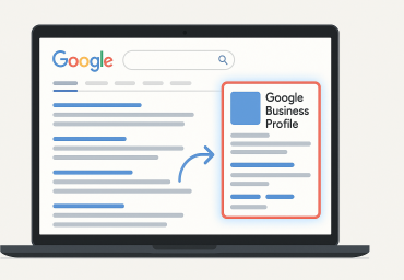 A header image that shows a mockup of the Google search results page pointing to where the Google Business Profile exists
