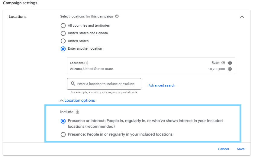 A screenshot of the Google campaigns settings, showing two options for targeting: Presence or interest and just Presence