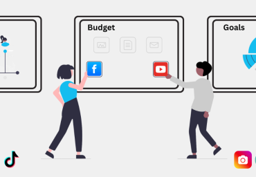 A cartoon with two people placing icons on a budget whiteboard