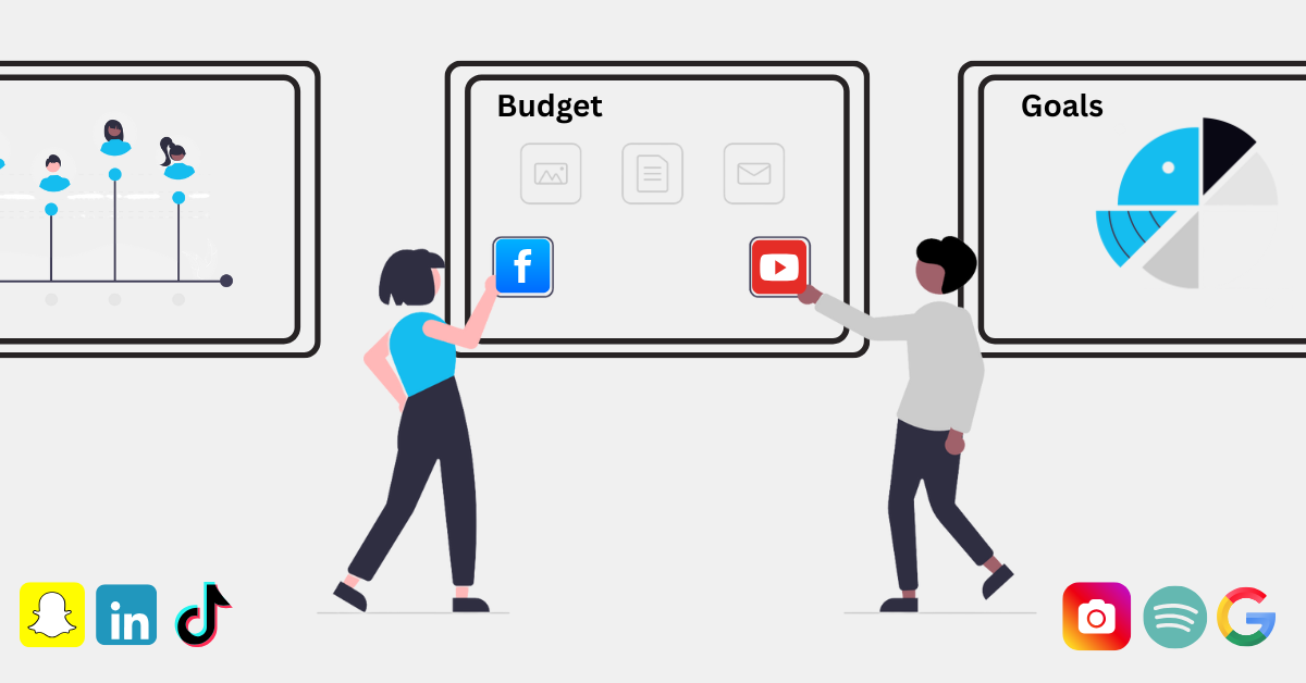 A cartoon with two people placing icons on a budget whiteboard