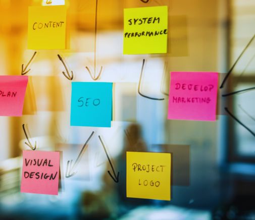 Sticky notes on a glass board visualizing a marketing automation strategy with SEO, content, and conversion optimization.