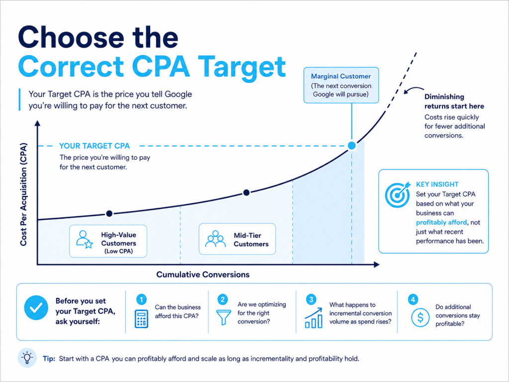 a chart that shows a yield curve as well as tips on how to choose the proper CPA target