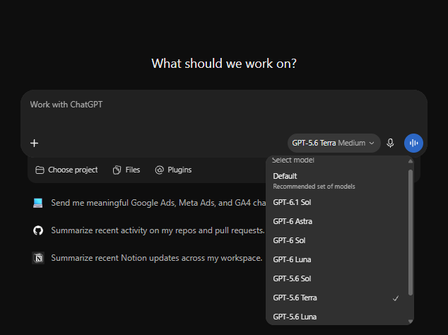 ChatGPT model selection menu showing GPT-6.1 Sol, GPT-6 Astra, GPT-6 Sol, GPT-6 Luna and GPT-5.6 model options